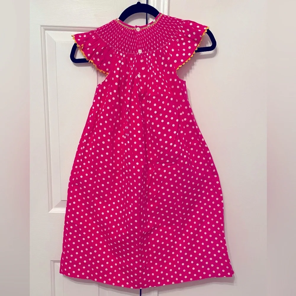 Mom & Me Girls Pink White Polka Dot Smoked Cotton Dress Sz 7